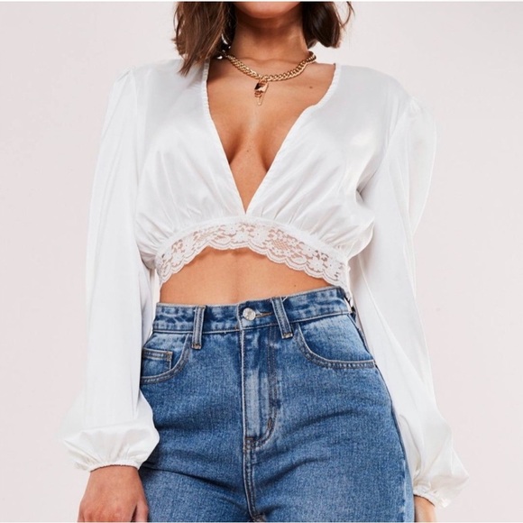 Missguided white satin lace deep plunge crop top size 4 - Picture 7 of 8